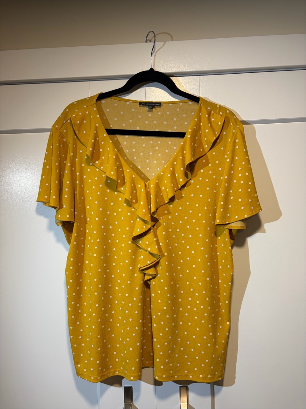 Adrianna Papell Yellow Polka Dot Ruffle V-Neck Blouse